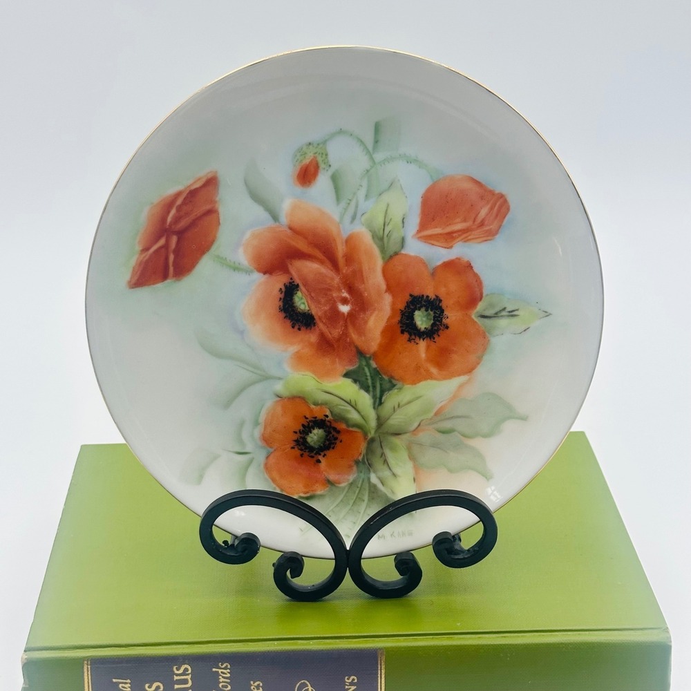 Hand Painted Porcelain Floral Poppy Decorative Plate Gold Rim 7.5" Signed M Kane